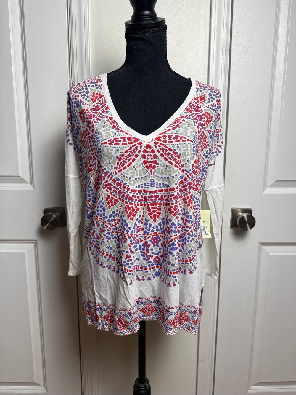 Lucky Brand White V-Neck Tunic with Red and Purple Mosaic Print